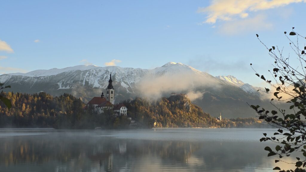 Lake Bled with Bled Island church, Bled Castle, and the Julian Alps in the background, Slovenia