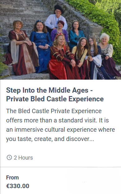 Group in medieval costumes at Bled Castle during a private cultural experience in Slovenia