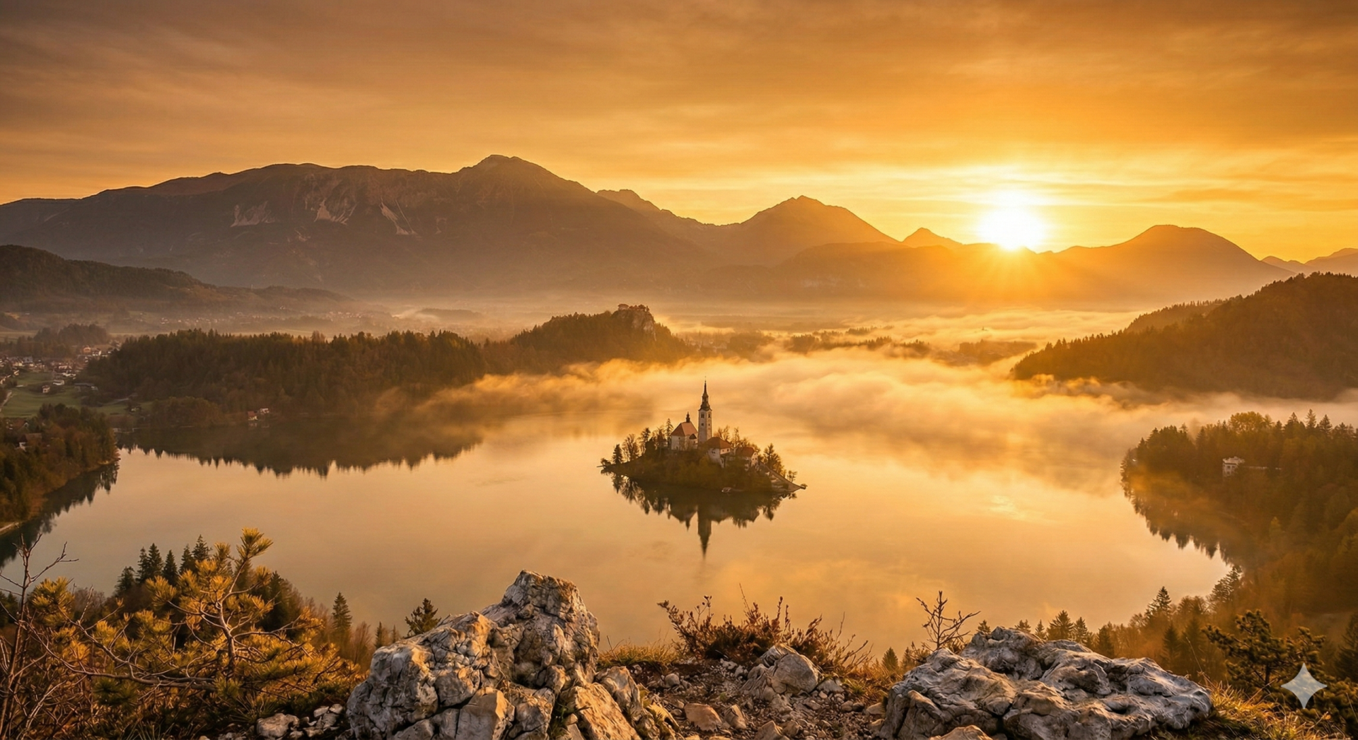 Panoramic sunrise view of Lake Bled and Bled Island from Ojstrica viewpoint, Slovenia